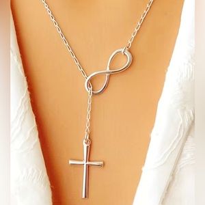 Silver Y Lariat Cross Pendant Necklace Sideways Infinity Choker